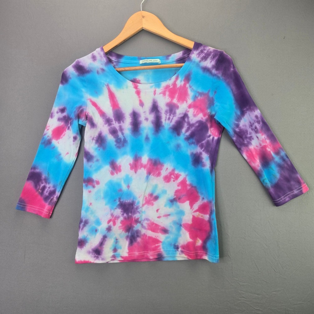 Topfeeling Tie Dye Shirt 3/4 Sleeve Top Size M Blue Pink Purple Spiral Festival